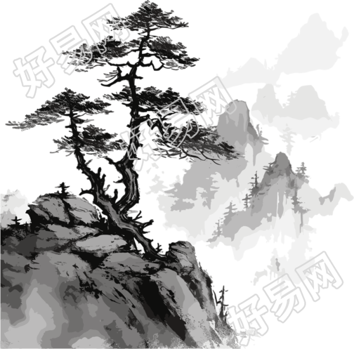中国风水墨山林松树插画