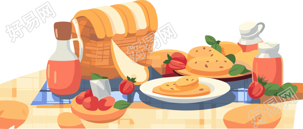 户外聚会野餐毯子上的美食插画