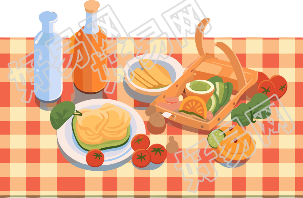 红色格子野餐毯美食插画素材