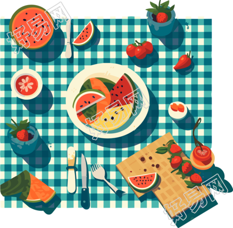 夏日野餐毯上美食冰凉西瓜插画