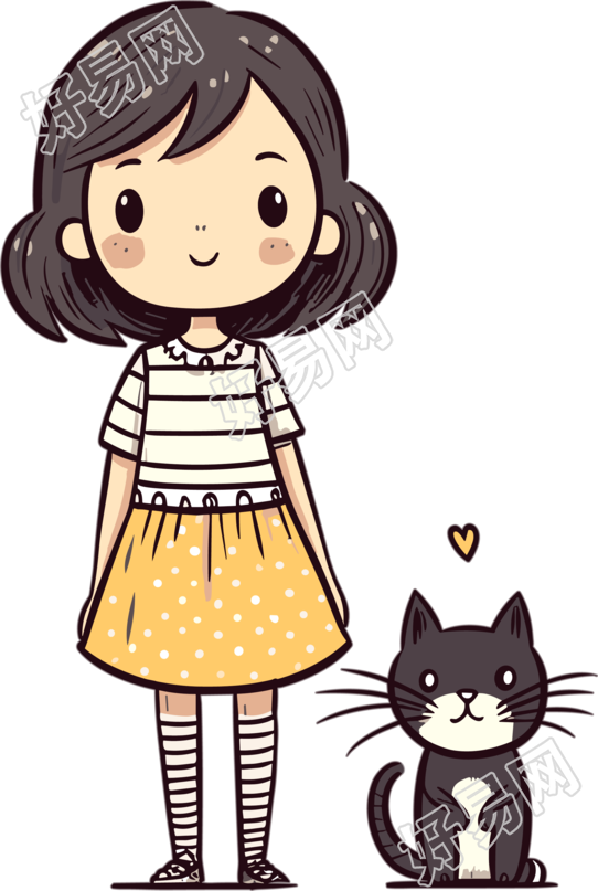 可爱女孩条纹上衣和猫咪插画
