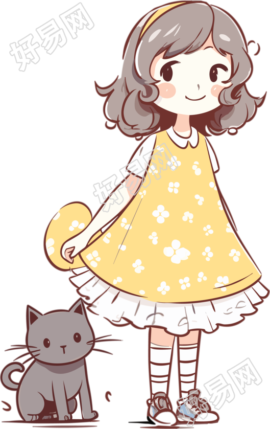 黄色连衣裙女孩领着猫的插画设计元素