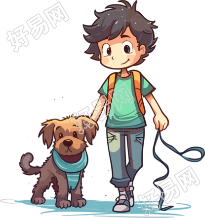朝气蓬勃的男孩牵着狗插图