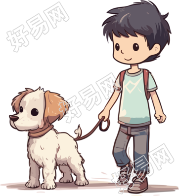 可爱男孩带领着狗狗散步插画