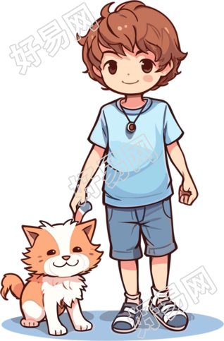 可爱卡通男孩和猫咪创意插画设计