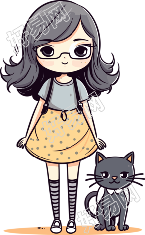 小黑猫和穿着连衣裙的女孩插画