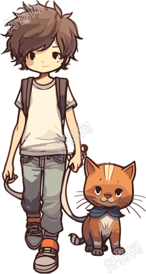 可爱男孩牵着猫咪创意插画设计素材