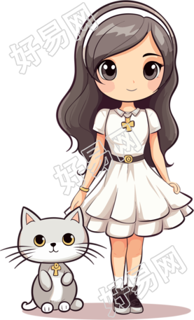 穿着白色裙子卡通女孩和灰色小猫插画