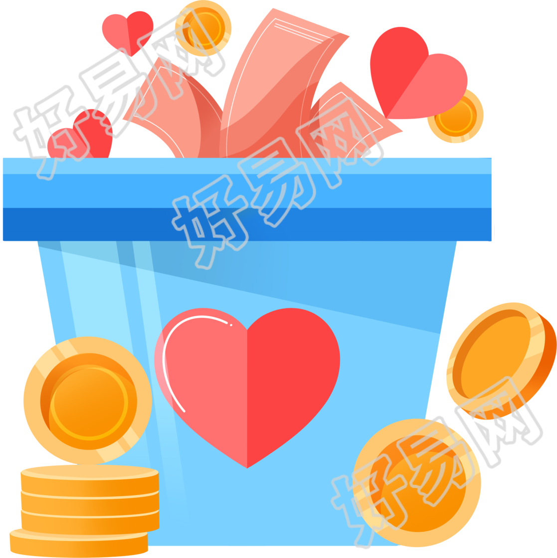 蓝色捐款箱纸币金币透明背景插画