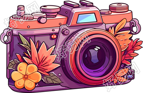 花朵卡通相机高清透明背景插画
