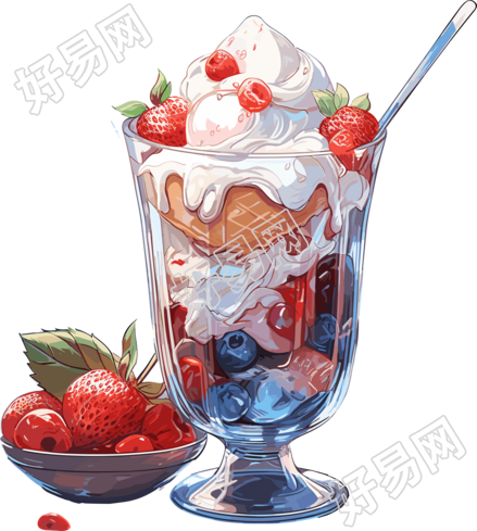 夜幻红白冰淇淋玻璃杯创意插画素材
