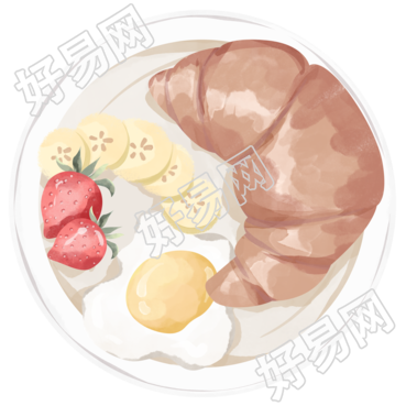 营养美味的早餐牛角包煎蛋手绘插画