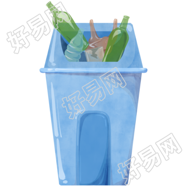 透明背景蓝色垃圾桶装满瓶子商用素材