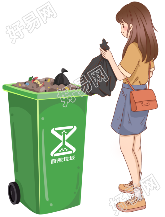 手绘卡通女孩手拿垃圾放到垃圾桶插画