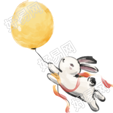 童趣风中秋玉兔和月亮气球插画PNG