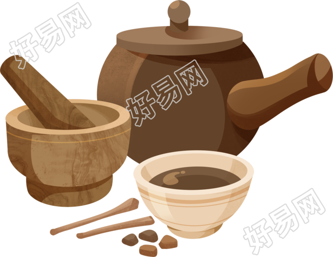 透明背景中药罐子和药材PNG元素