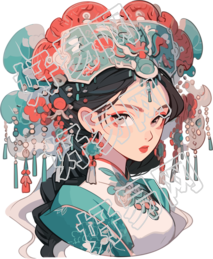 红蓝色华丽头饰装饰的中国女孩PNG插画素材