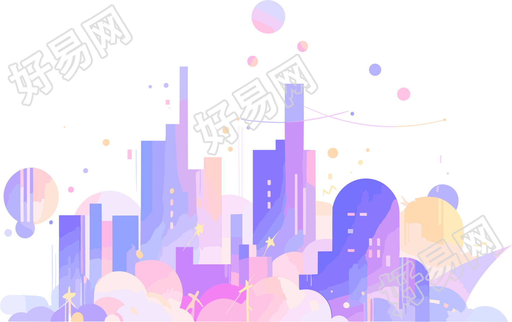 星光闪闪的紫色城市剪影插画设计素材