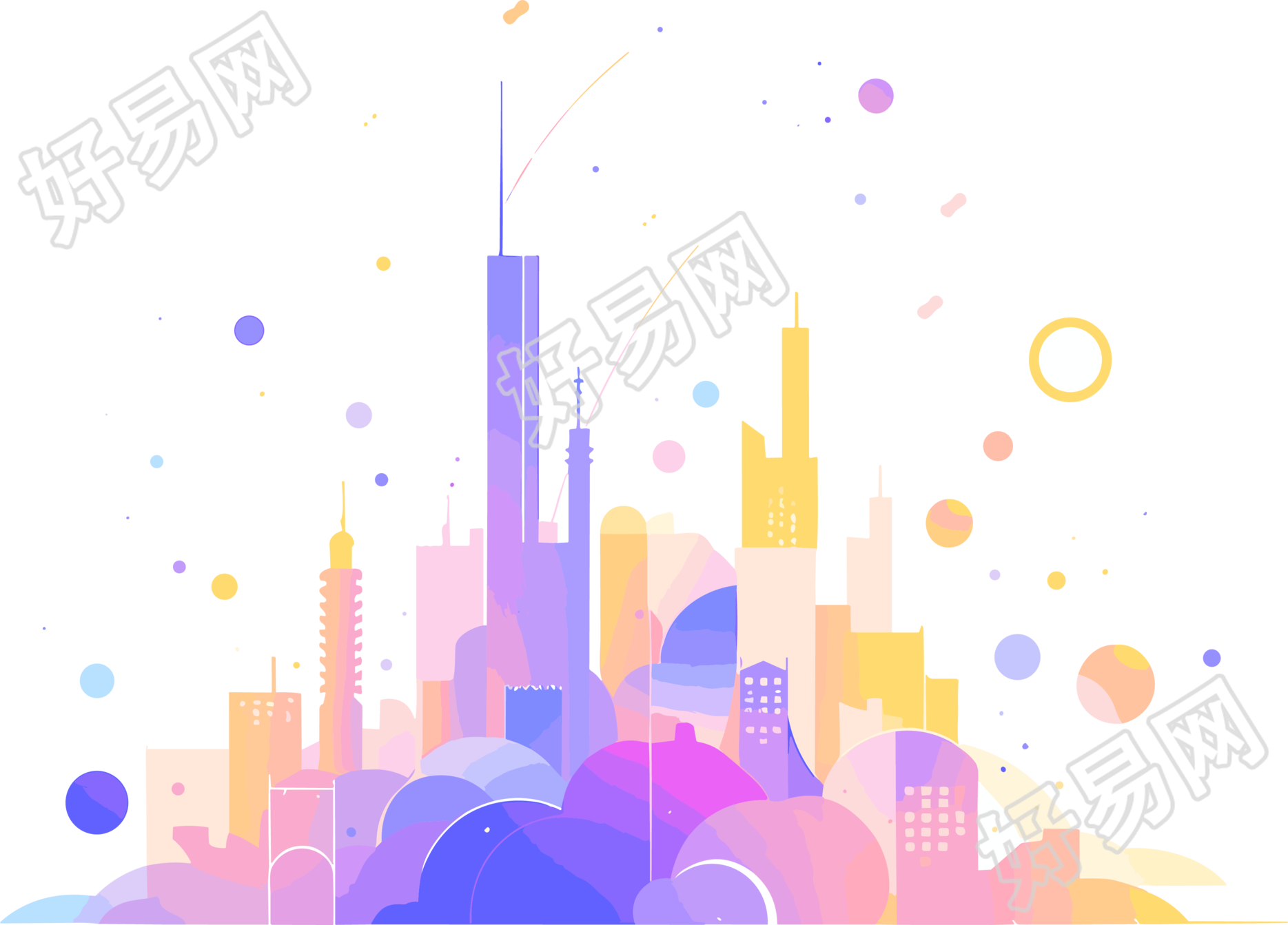 简约梦幻风格城市插画设计元素