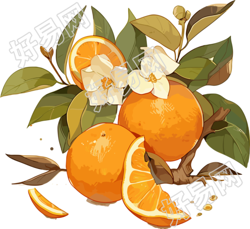 橘皮和叶子细致插画