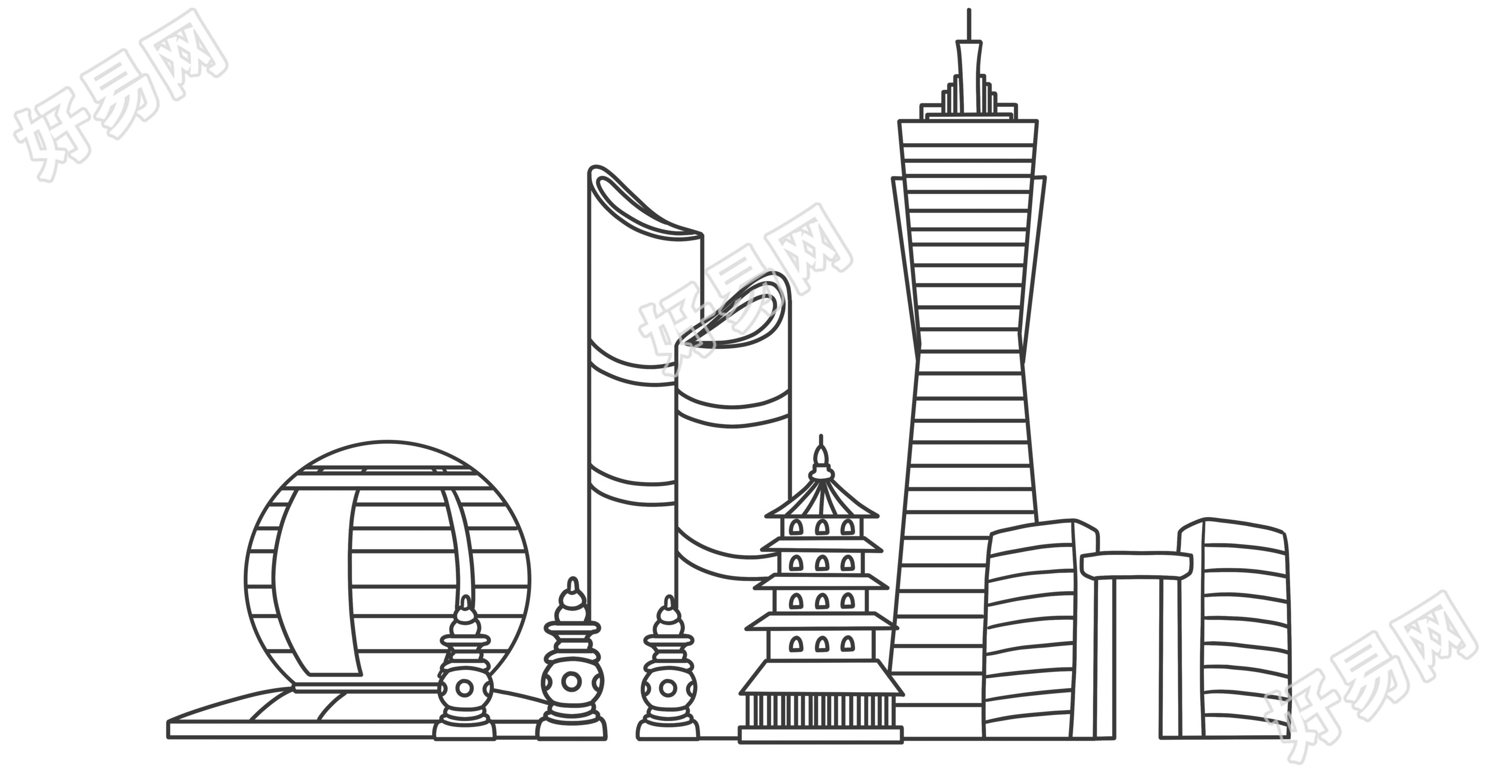 透明背景杭州建筑粗线条手绘插画