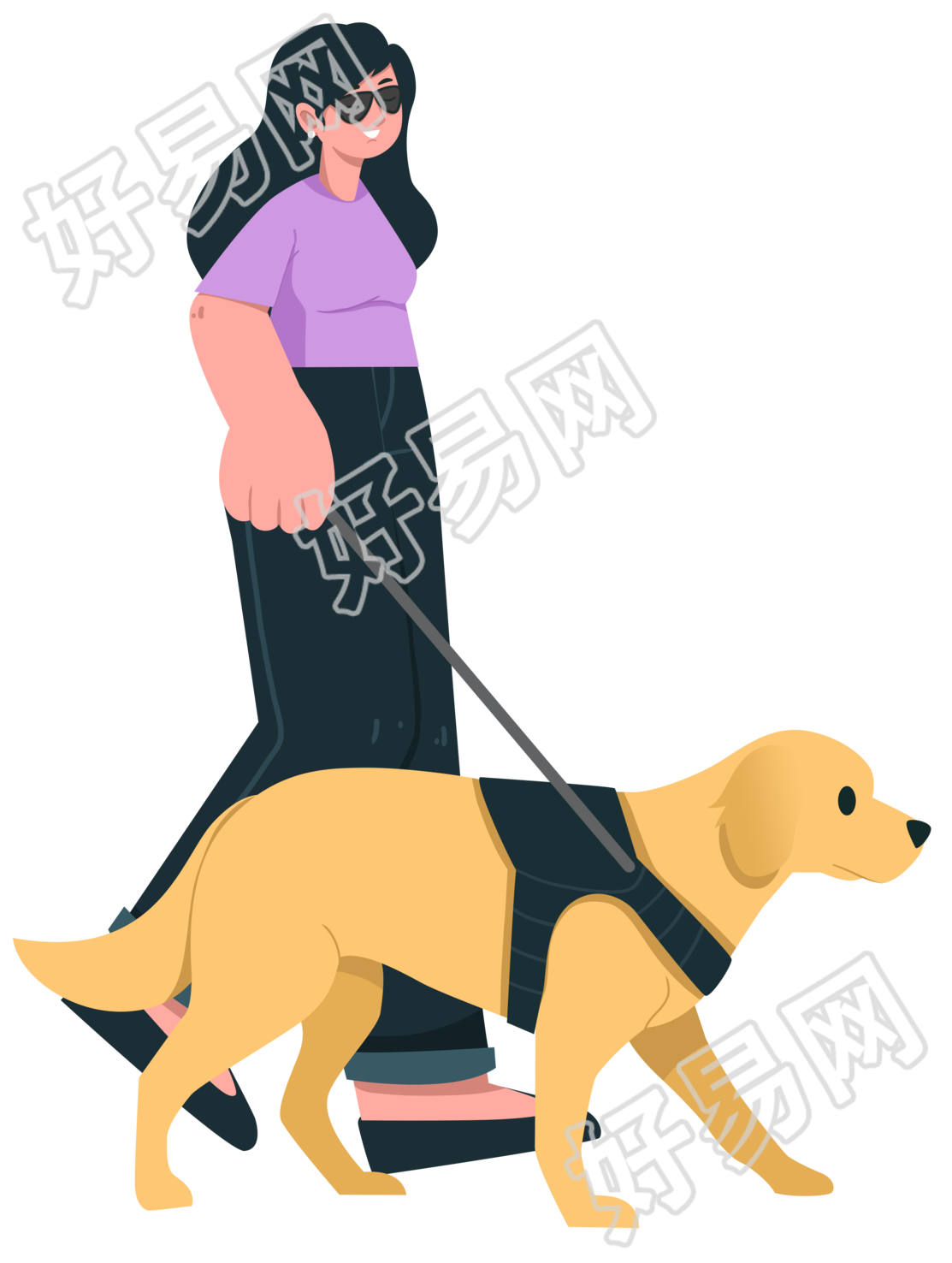 手牵着导盲犬的女性盲人商用插图
