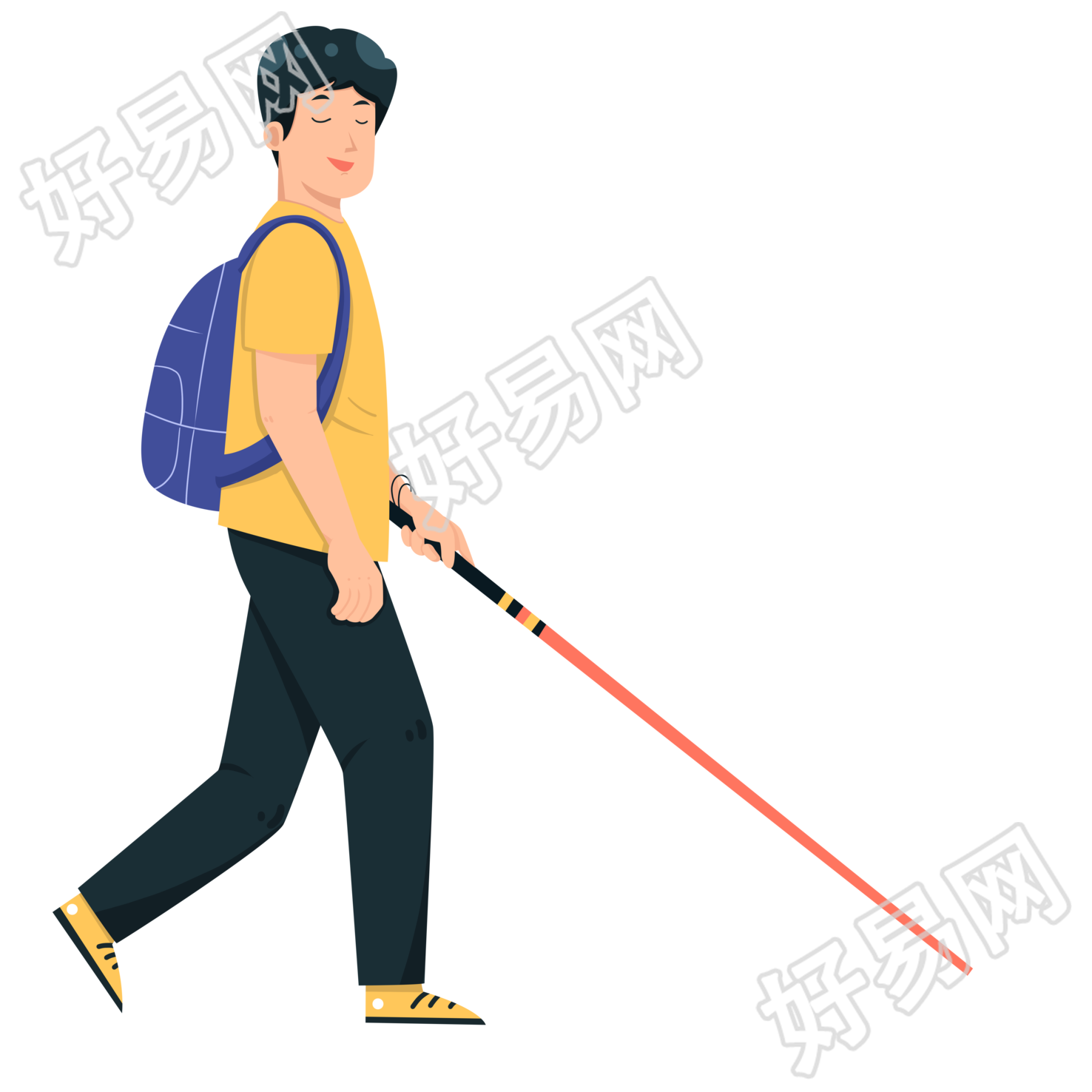 手绘走路的盲人透明背景素材