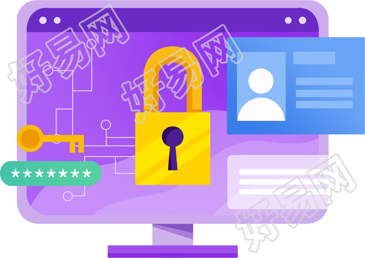 紫色电脑屏幕金色大锁网络安全PNG插图