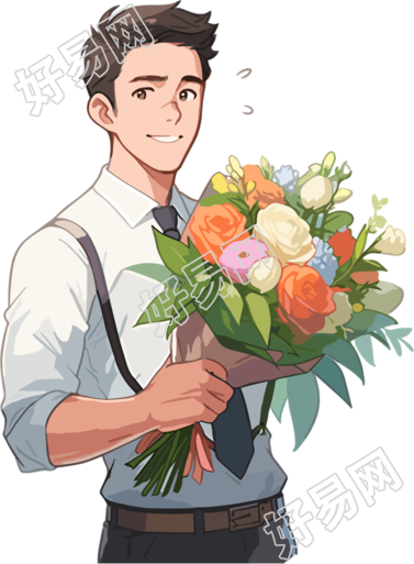 手绘男老师手拿鲜花插画设计元素