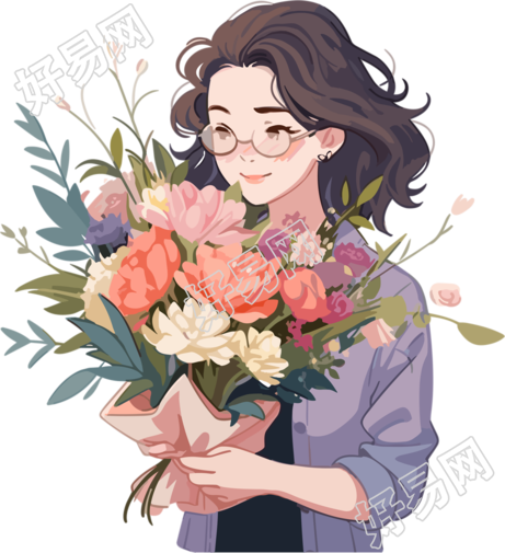 手绘插画美丽花束和女老师PNG素材