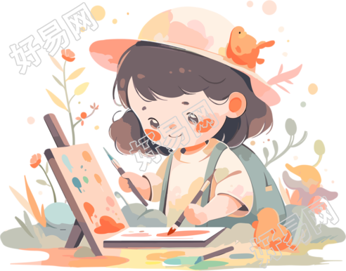画画的小女孩可商用手绘插画设计