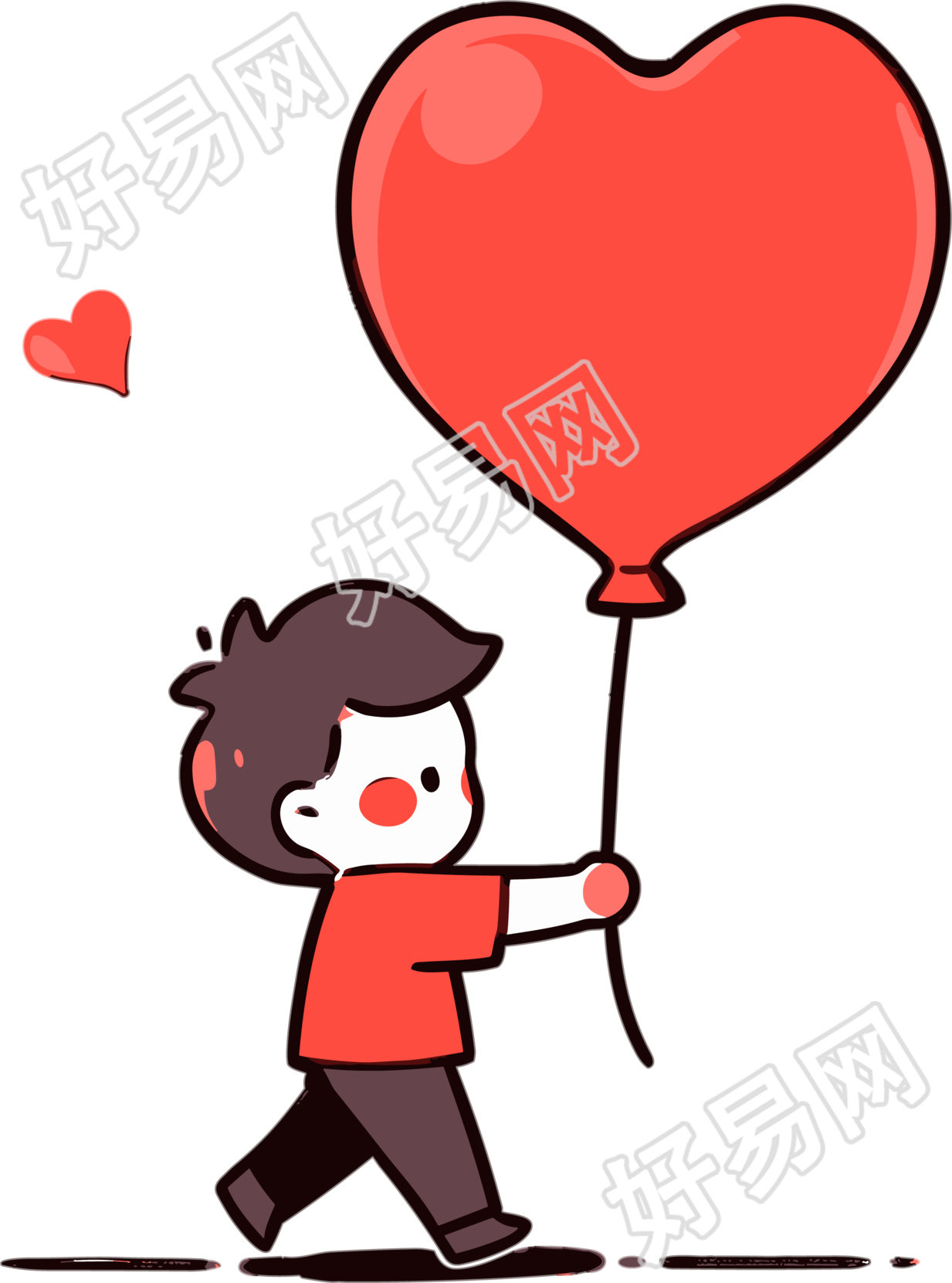 可爱小男孩手持红色心形气球插图
