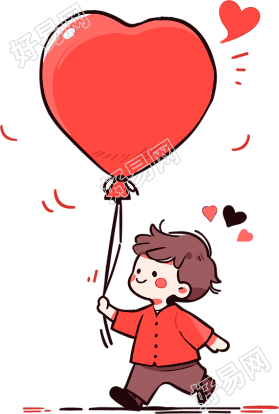 粗线条绘画可爱小男孩手持红心气球插画