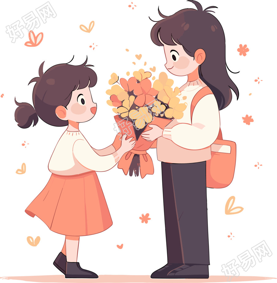 手绘插画学生送花PNG素材