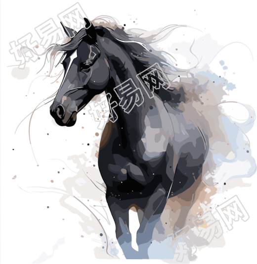 创意设计黑色野马水彩插画