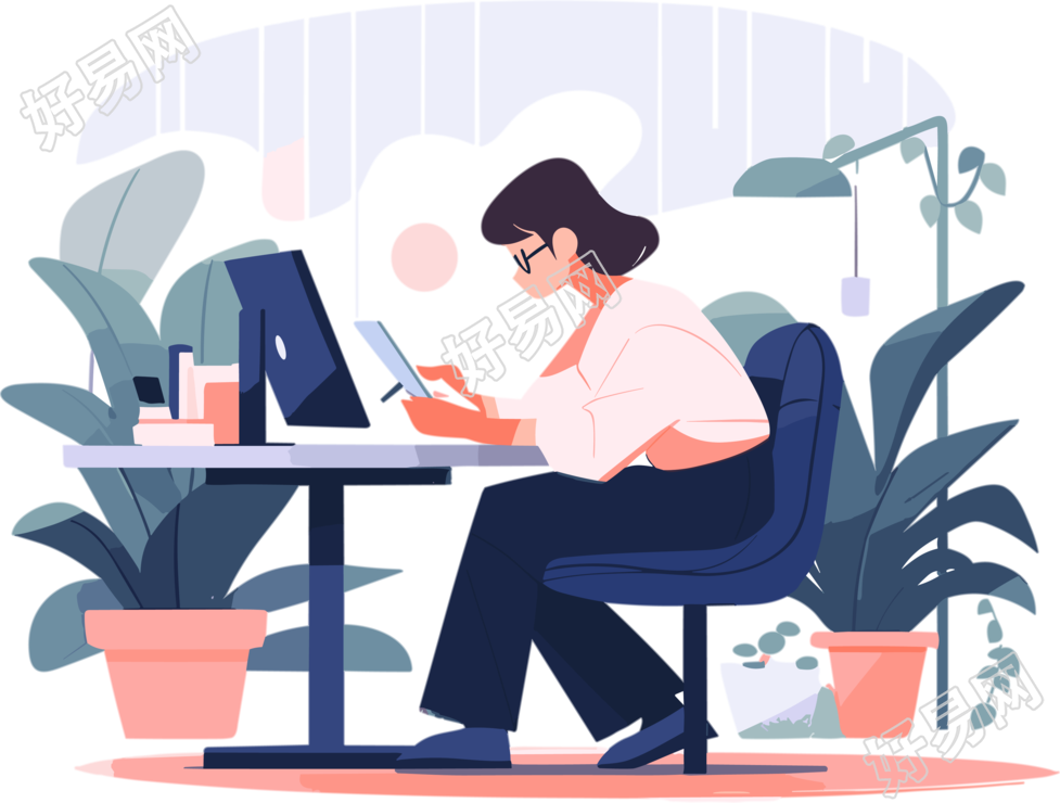 认真上班的女生商务插画