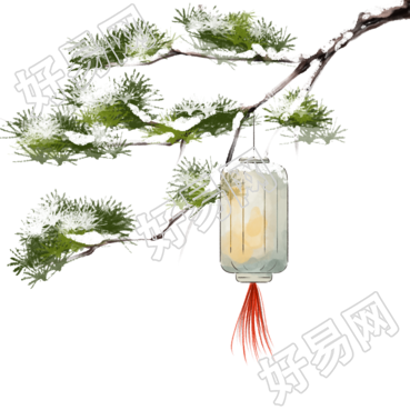 二十四节气大雪绿色松枝国风灯笼PNG素材