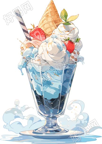 蛋卷装饰的蓝色冰淇淋夏日甜点素材