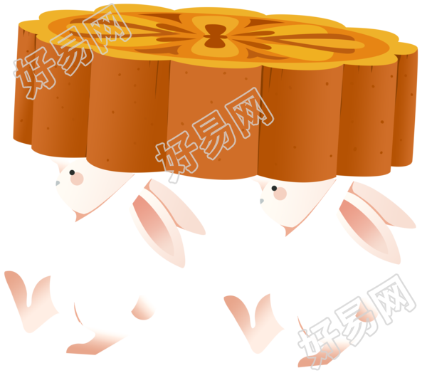 两只小兔子抬着中秋节月饼插画素材