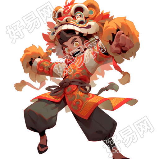 亚洲风格的生动舞狮插画素材