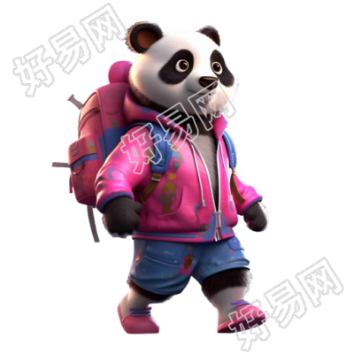 暗粉蓝色风格的动画熊猫背包行走素材