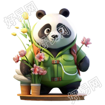 熊猫穿绿色制服送花束迷人角色插画