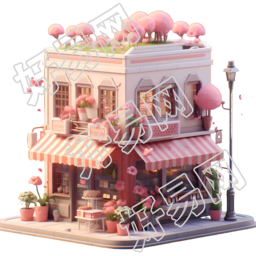 可爱建筑与粉色花朵的3D模型素材