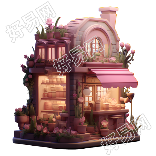 超现实静物粉色木屋插画素材