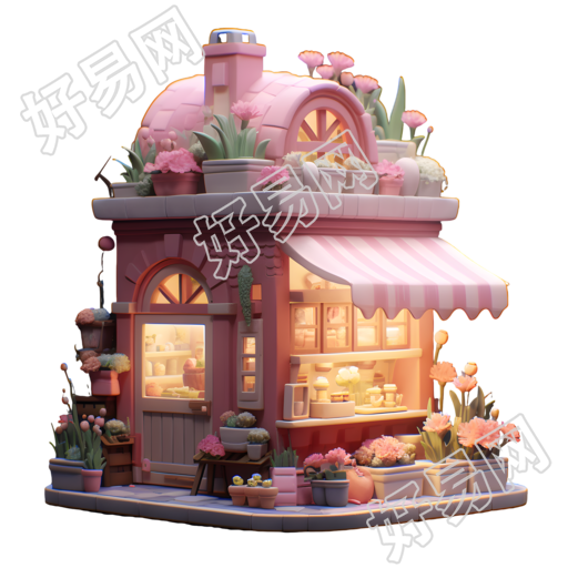 粉色木屋摆满鲜花3D立体素材