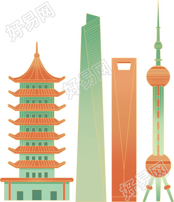 手绘城市建筑金色描边PNG素材