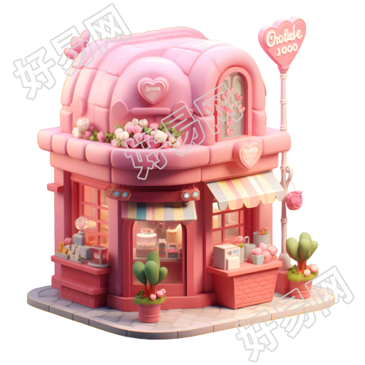 3D立体粉色茶屋商用插画