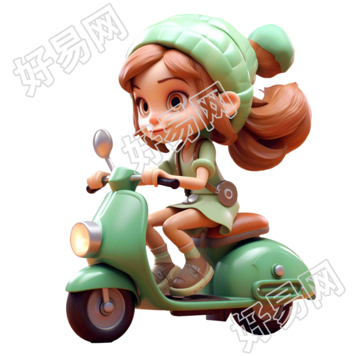 绿色摩托车上的可爱女孩插画