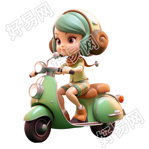 绿色摩托骑行的卡哇伊风格动画女孩素材