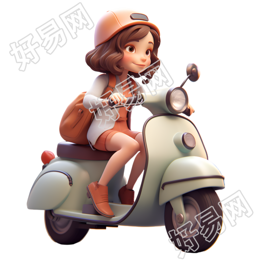 女孩骑电动车透明背景插画